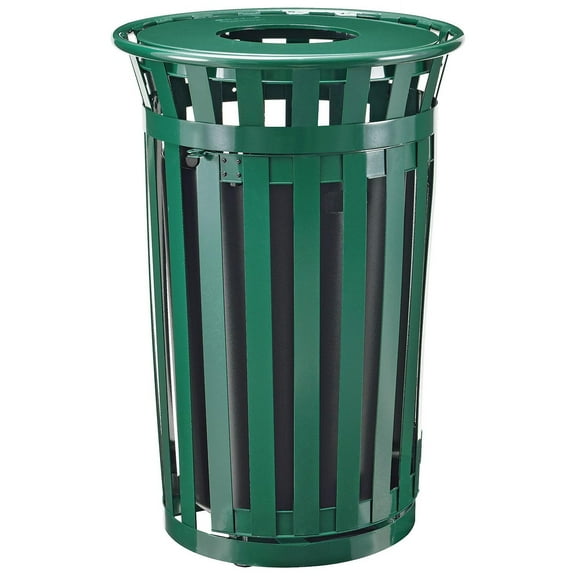 36 Gallon Outdoor Metal Slatted Receptacle w/Access Door & Flat Lid, Green