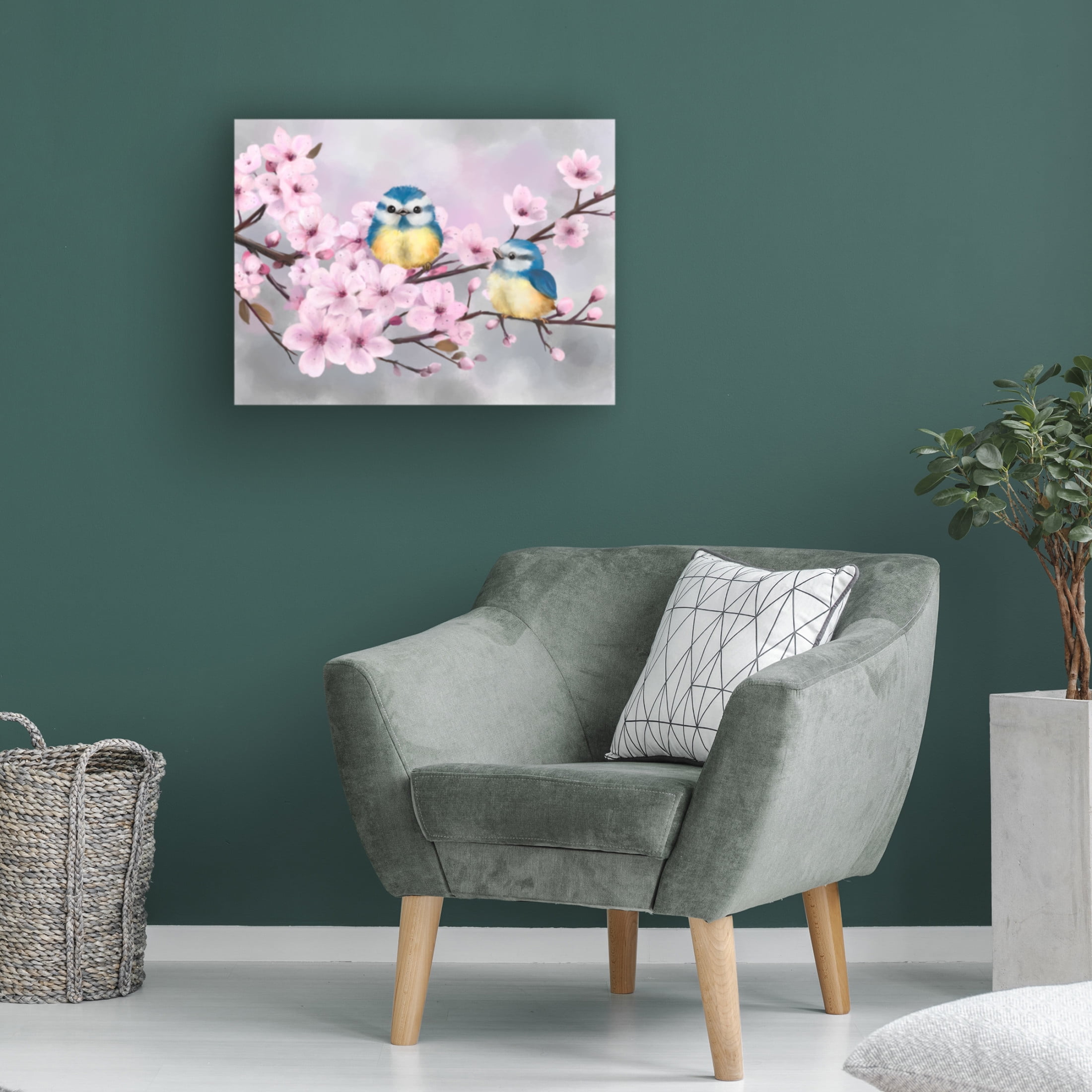 Canvas Wall Art - MAKIKO 'Spring Flowers with Little Birds' Wall Art for Living Room, Bedroom, or Office Décor by Trademark Fine Art - 32 x 24 Inches