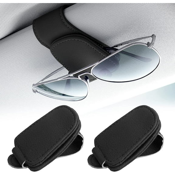 2 Packs Sunglass Holder for Car Sun Visor, Vehicle Sunglasses Holder Clip, Leather Eyeglass Organizer Storage, Universal Sunglass Case for Car Visor Accessories (Black)