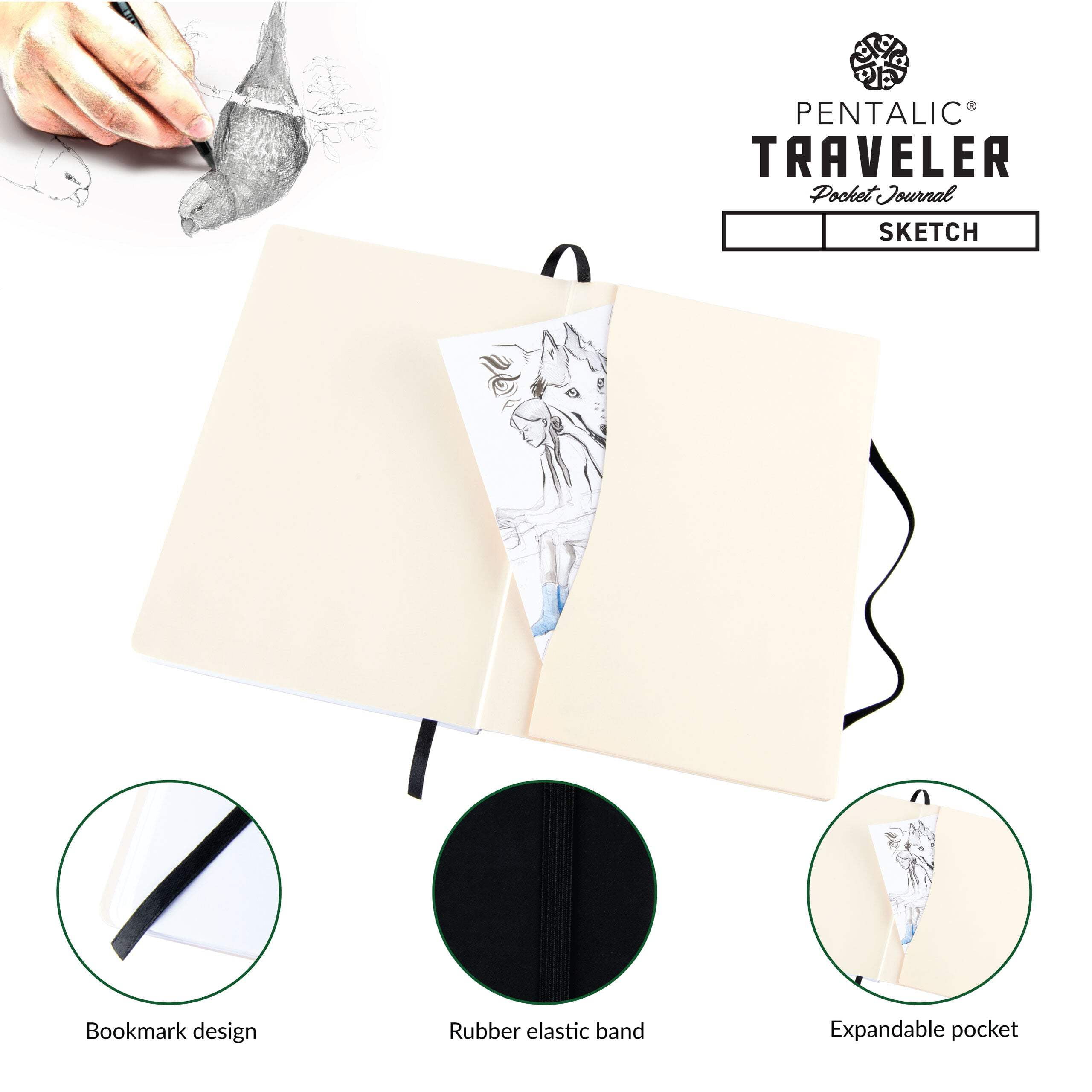 (4 pack) Pentalic Traveler - 6"x 8" Drawing Pocket Artist Drawing Journal Brown Cover, 160 Pages, 74 lb. Paper