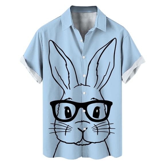 Spring Summer Casual Button Down Shirt Men's Easter Rabbit Print Short Sleeve Blue L