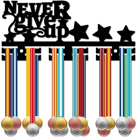 Medal Holder Medal Hangers Display Acrylic Medal Rack Sports Medal Frame Hanging Wall Black Mounted Rack Stars for Wall Running Soccer Karate Swimming 11.4 x 5.1 Inch-Never Give Up