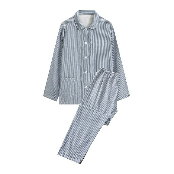 Fesfesfes Women's Color-Striped Pajama Set Long-Sleeve Turndown Collar Tops Straight Trousers Breathable Fabric Night Pajamas Suits(Blue#1,S)