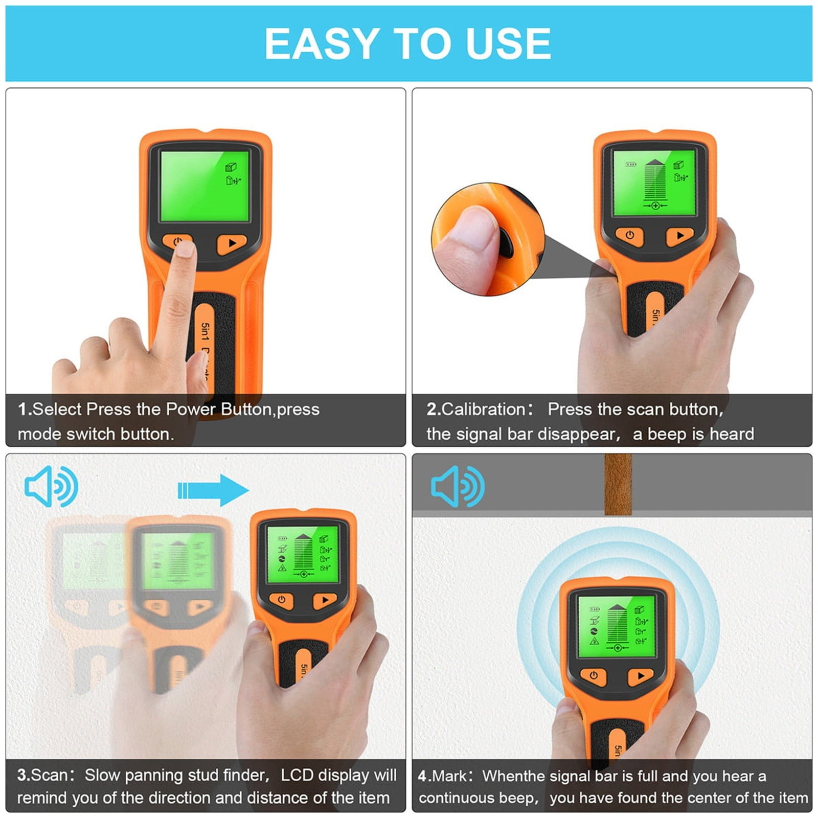 Stud Finder Wall Scanner, 5 in 1 Stud Finder Wall Scanner Detector Electronic Stud Locator Wood Beam Joist Finders Portable Wall Detector for AC Wire Metal Pipe Gifts for Men, Orange