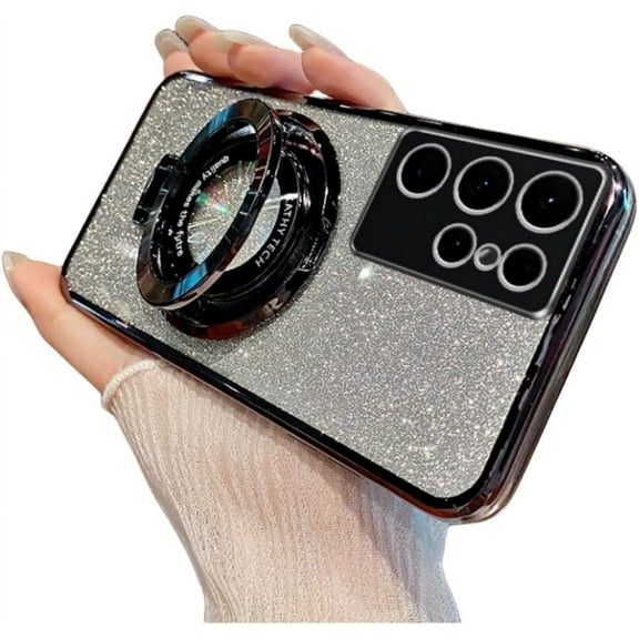 Gradient Electroplating Glitter Phone Case, Hidden Finger Ring Holder, Horizontal or Vertical, for Samsung Galaxy S24 S23 S22 S21 S10 Ultra Plus FE Phone Case (Black,S24 Ultra)