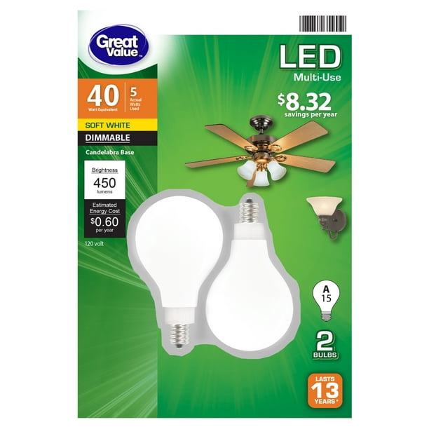 Great Value Led Light Bulb 5 Watts 40w Eqv A15 Ceiling Fan Frosted Lamp E12 Base Dimmable 2 Pack Soft White Com - What Kind Of Light Bulbs Do Ceiling Fans Use