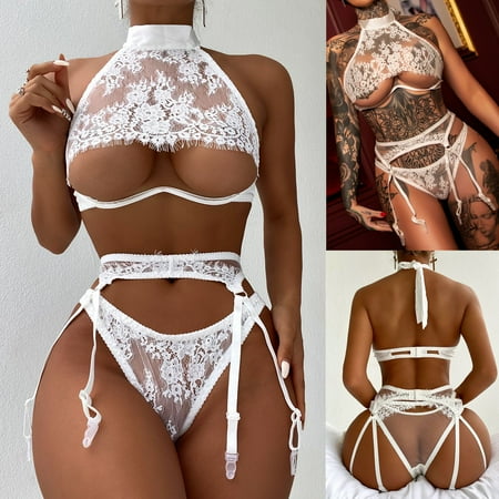 

Raeneomay Valentines Lingerie Deals Clearance Women Exquisite Mesh Lingerie Bra+Garter+Briefs Set Babydoll Cut-Out Sleepwear