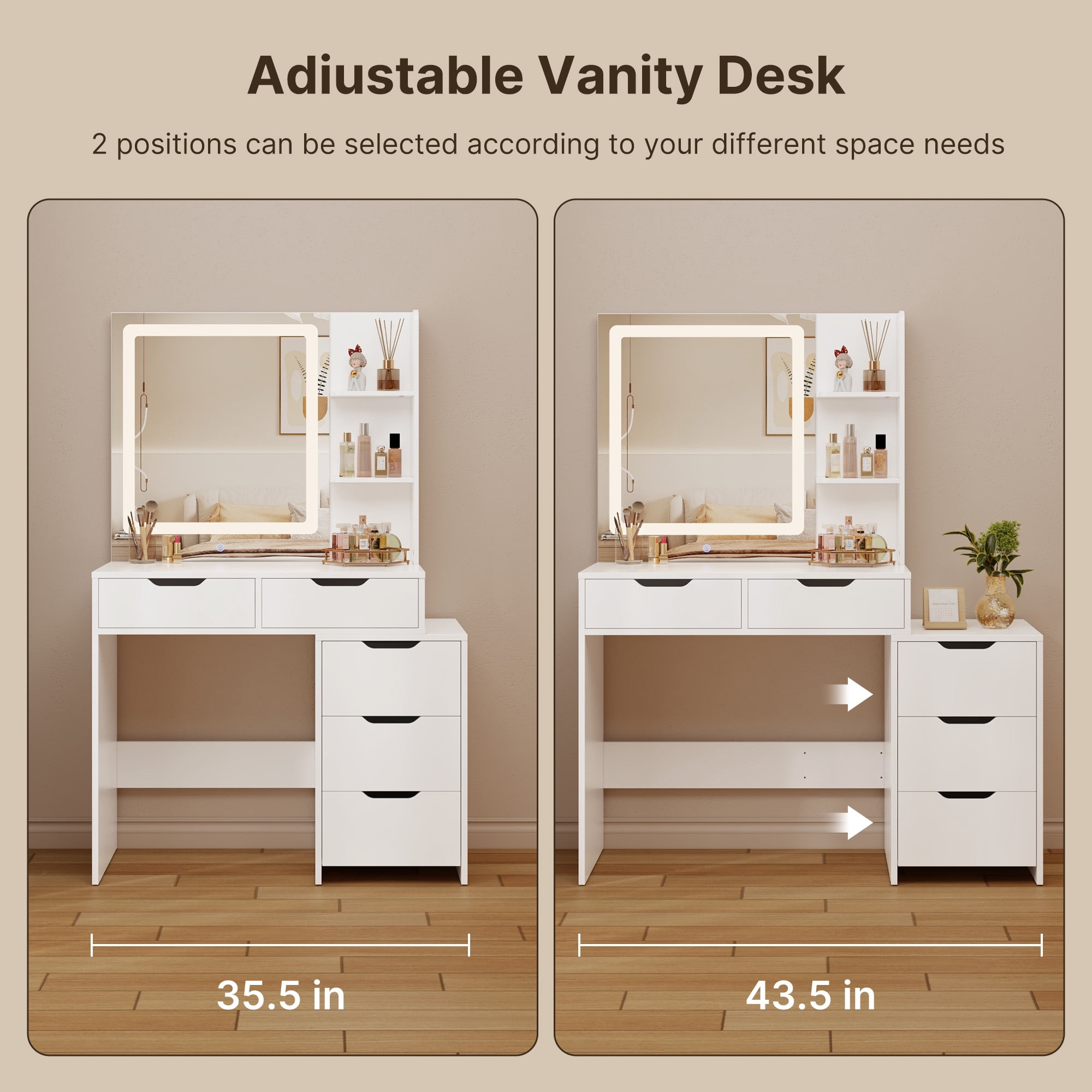 Aiho Makeup Dressing Table with Lighted Mirror - 3 Adjustable Color Modes, 5 Drawers & Storage Shelves, Vanity Set for Bedroom - White