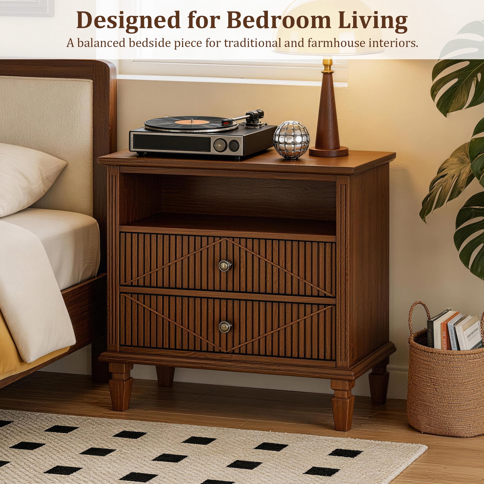 GARITIN Farmhouse Nightstand with Charging Station, 2-Drawer Engineered Wood Storage Cabinet, Bedside Table for Bedroom Guest Room, Walnut