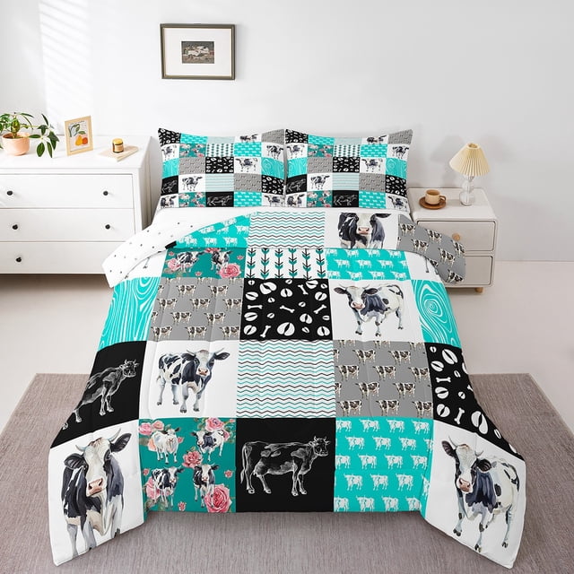 Milk Cow Comforter Set Farm Animals King Bedding Set,Western Cowboy Bull Cattle Down Comforter Rustic Flowers Quilt Set,Teal Patchwork Buffalo Plaid Farmhouse Decor