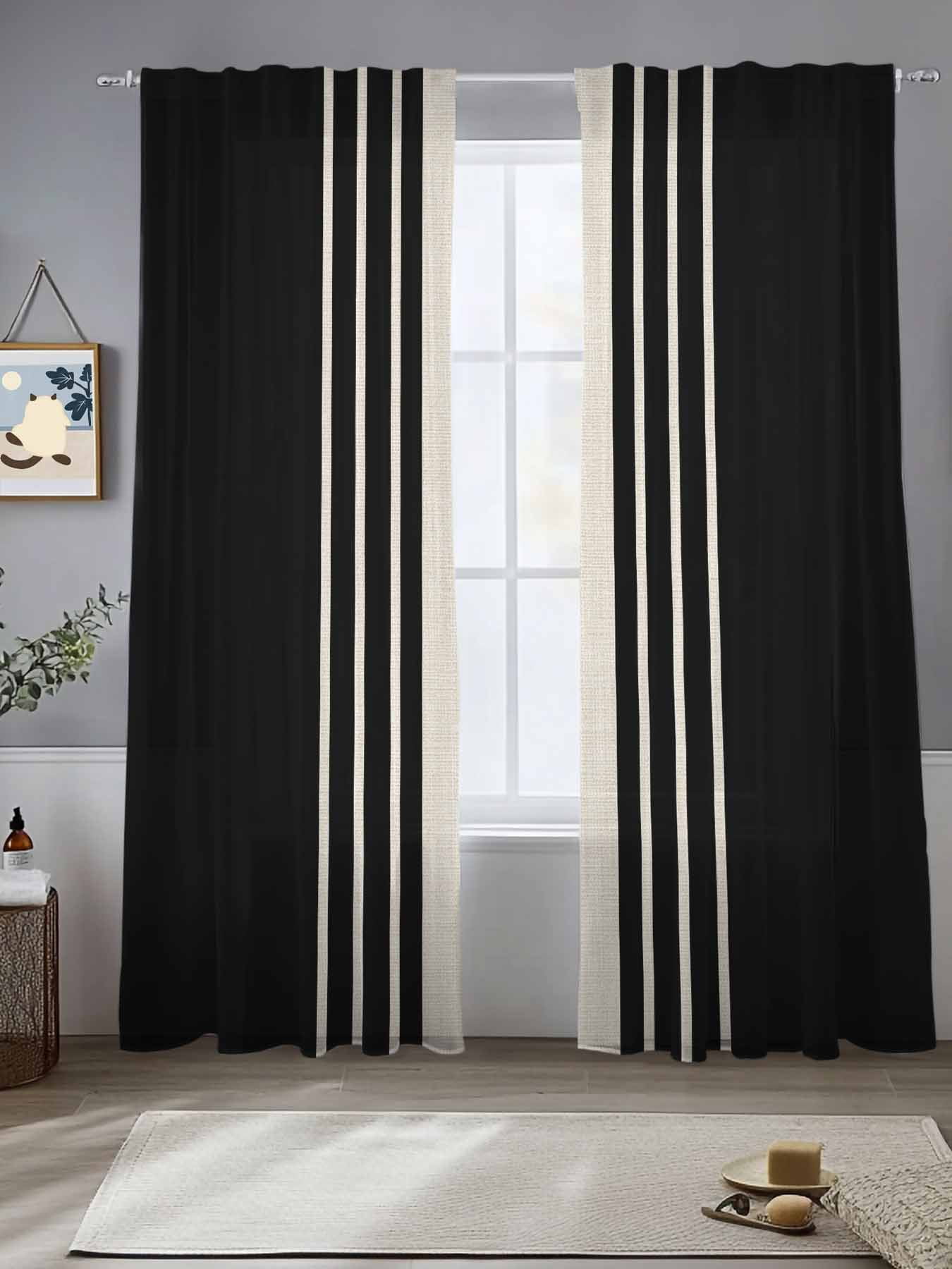 Black Stripe Line Chiffon Sheer Curtains 84 Inches Long, Retro Linen 2 Rod Pocket Window Treatment Voile Drapes Curtains for Living Room Bedroom,2 Panels, 52x84In