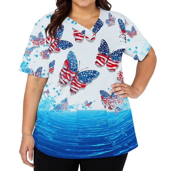 Iaqnaocc Patriotic Scrubs for Women 4th of July American Flag Butterfly Nursing Uniform Trendy V-Neck Side Slits Scrub Shirt Independence Day Short Sleeve Medical Workwear with Pockets Red 4XL