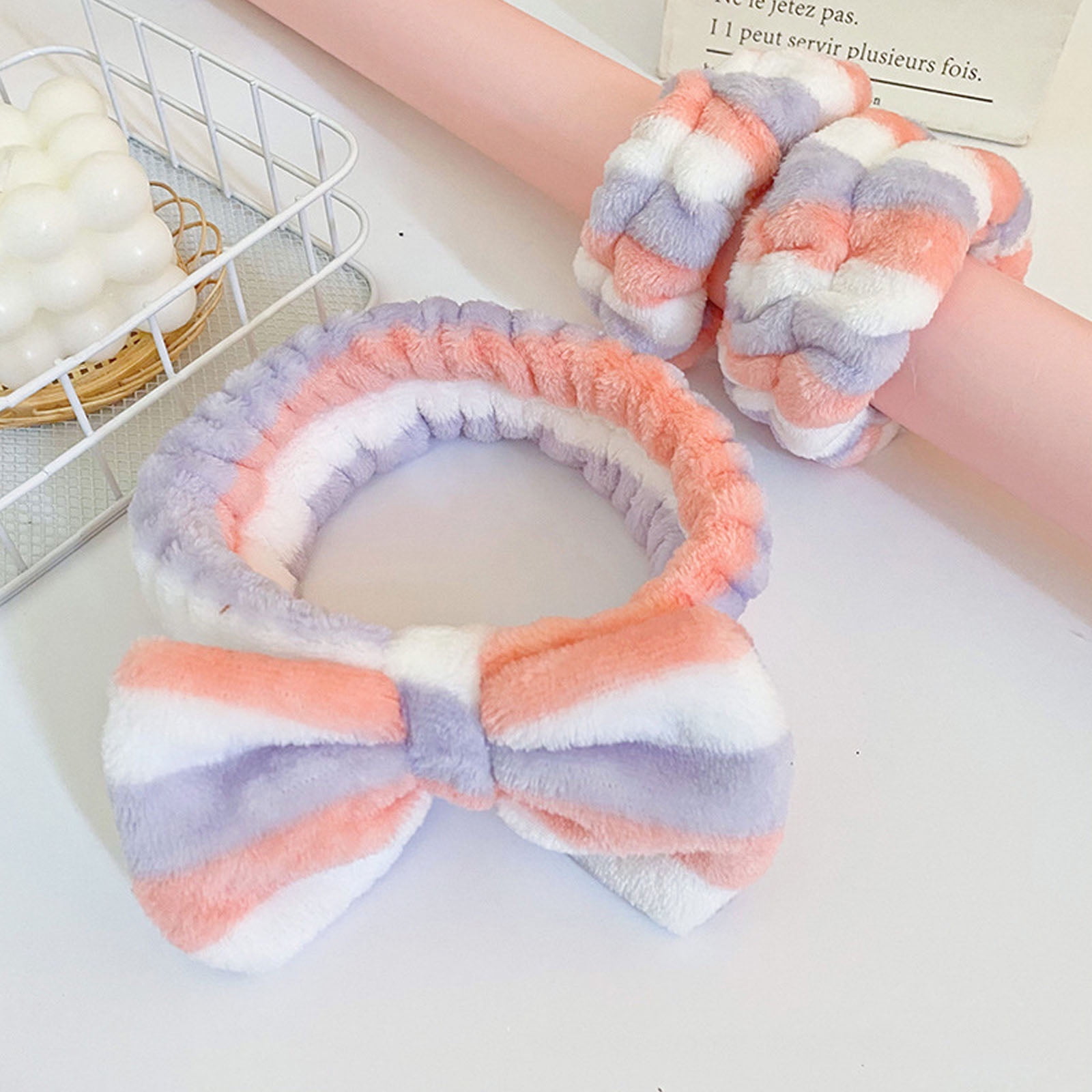 3Pcs Face Wash Headband Wristband Set Cute Bowtie Spa Headband and 2