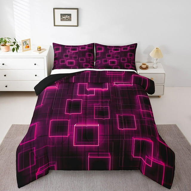 YST Geometry Square King Size Quilt,Pink Black Neon Square Bedding Set For Kids Teens Boys Gilrs Geometric Gradient Cubes Comforter Set Abstract Simplicity Down Comforter