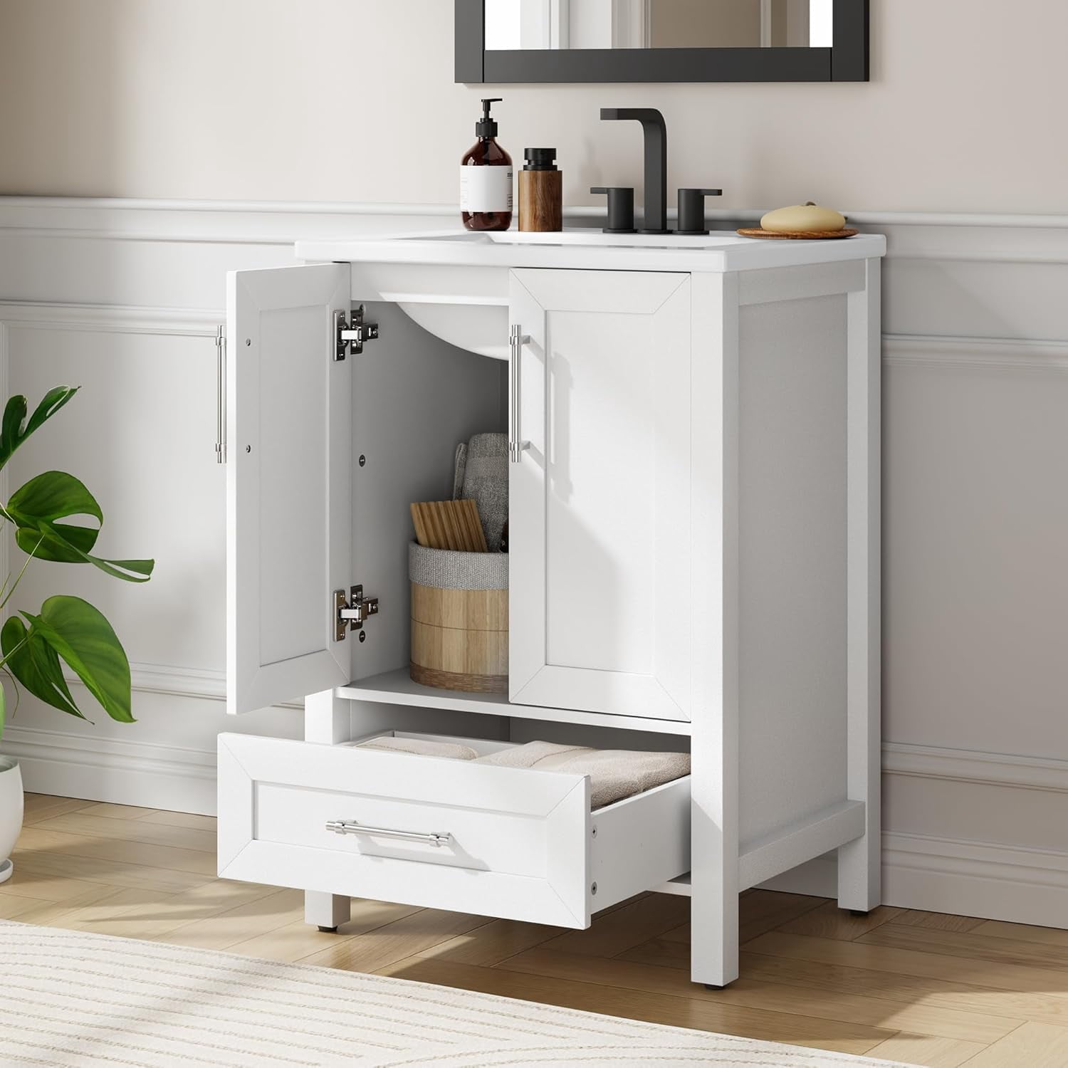 24" Bathroom Vanity with Sink, Vintage Bathroom Cabinet Vanity with Doors & Drawers, Farmhouse Wooden Freestanding Bathroom Cabinet with Top