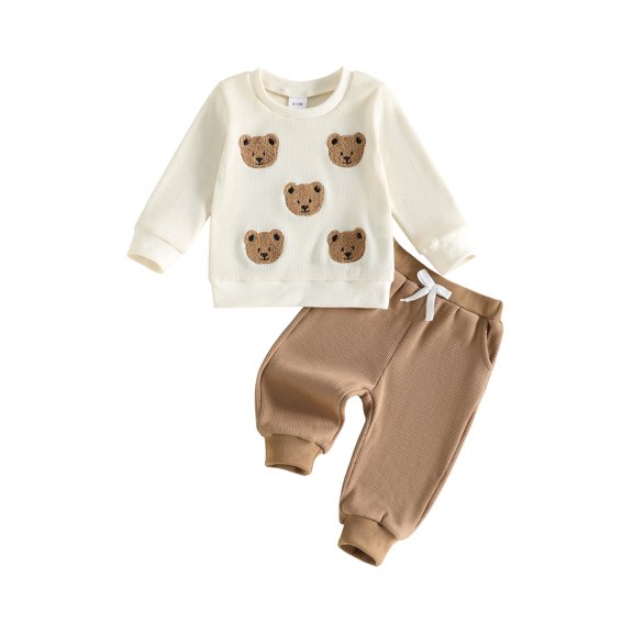 Miaouyo Toddler Baby Boy Fall Outfit Bear Long Sleeve Sweatshirt and Joggers Set
