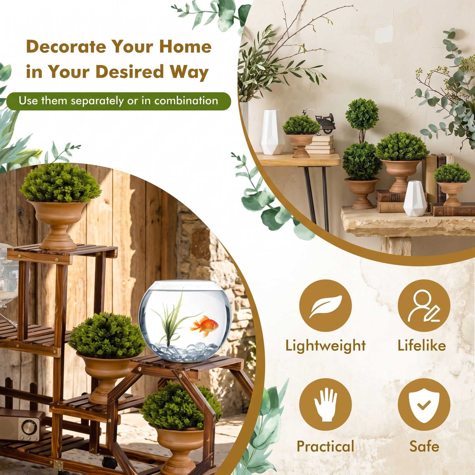 ALPULON 4 Pack Artificial Boxwood Topiary Trees, Faux Potted Greenery Plants with Golden Pots for Home Office Living Room Table Desk Indoor Decor, Green