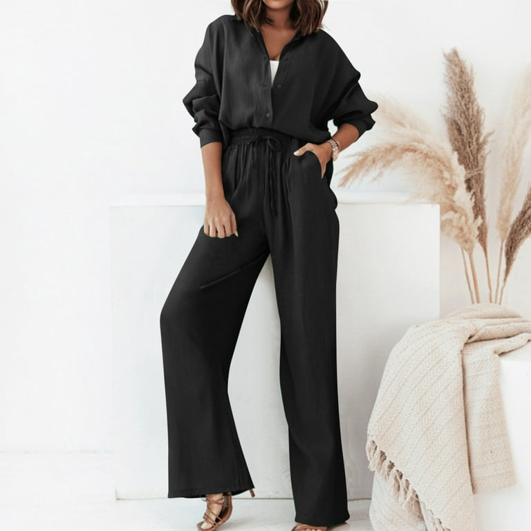 HSMQHJWE Ladies Jumpsuits Dressy Pant Suits For Women Dressy Wedding Guest  Petite Women'S Two Piece Outfits Set Long Si Button Down Shirt Blouse Top