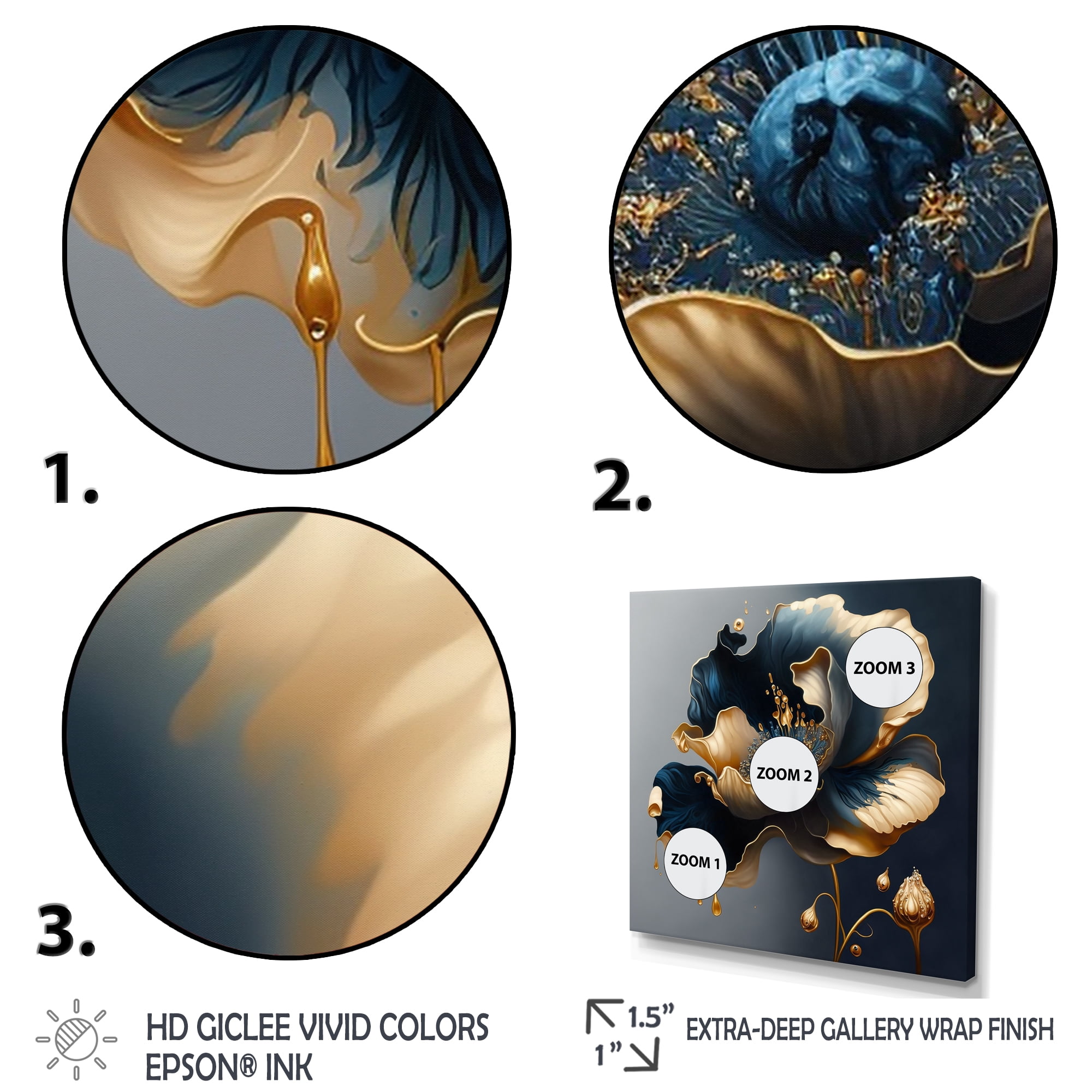 Designart Deep Blue And Gold Single Flower II Canvas Wall Art