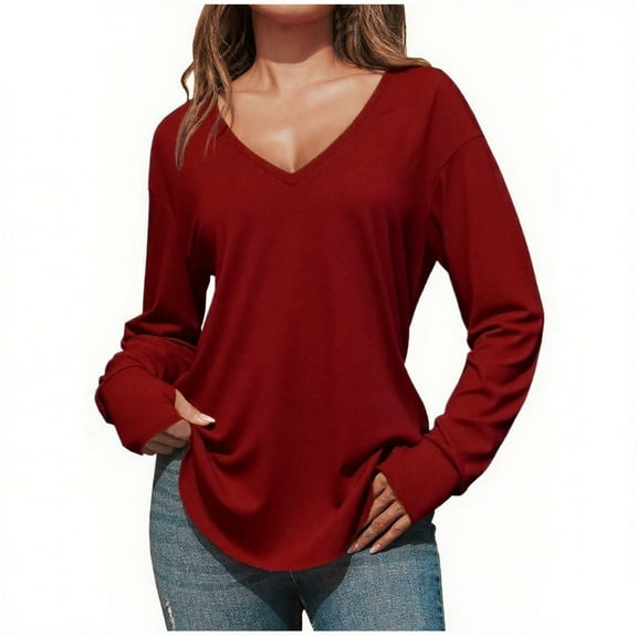 Fall Tops for Women Soft Cotton V Neck T Shirt with Thumb Holes Long Sleeve Casual Loose Fit Tunic Tee Tshirts (XL, Wine)