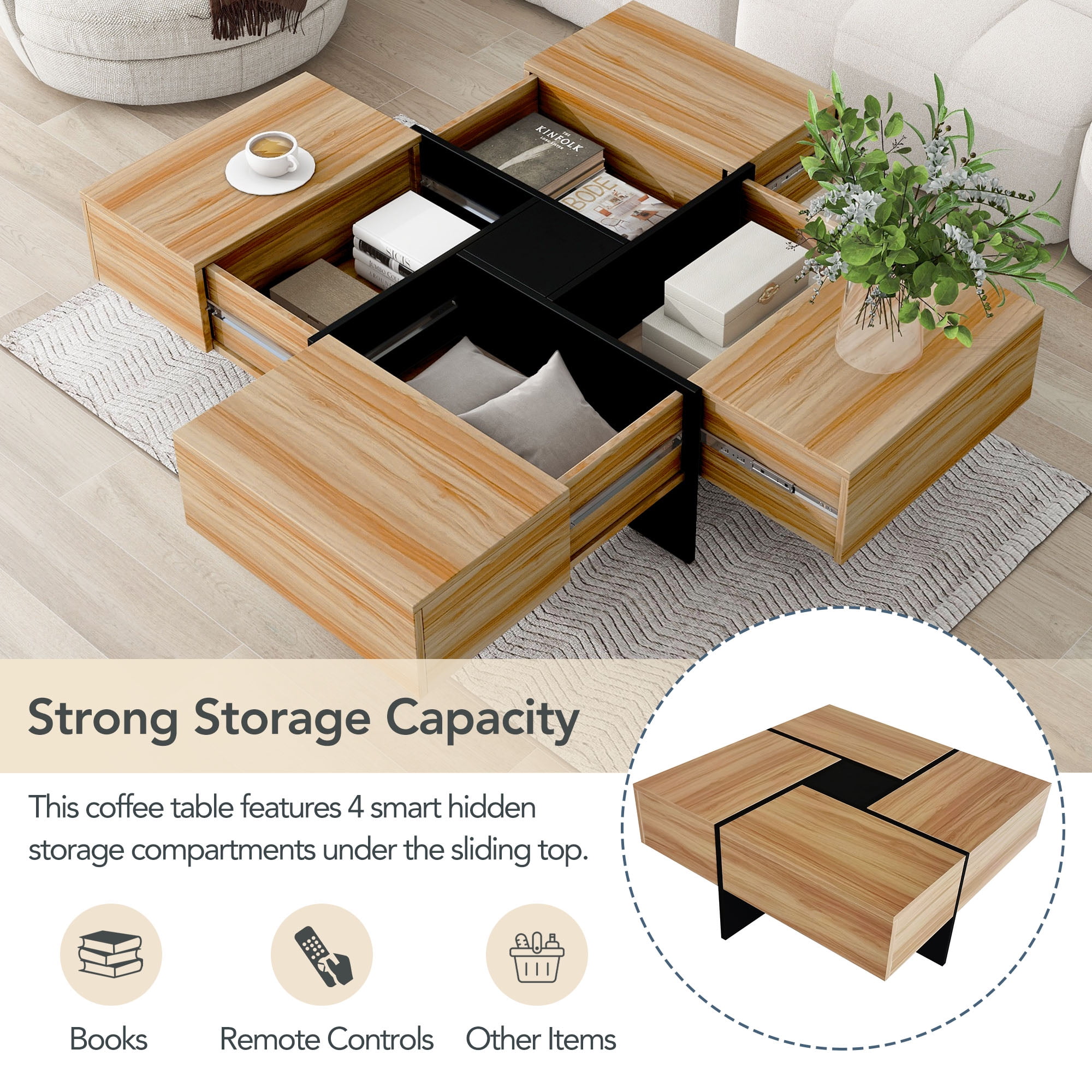 MAYEERTY Unique Design Coffee Table with 4 Hidden Storage Compartments, Square Cocktail Table with Extendable Sliding Tabletop, UV High-Gloss Center Table for Living Room, 31.5"x 31.5",Brown