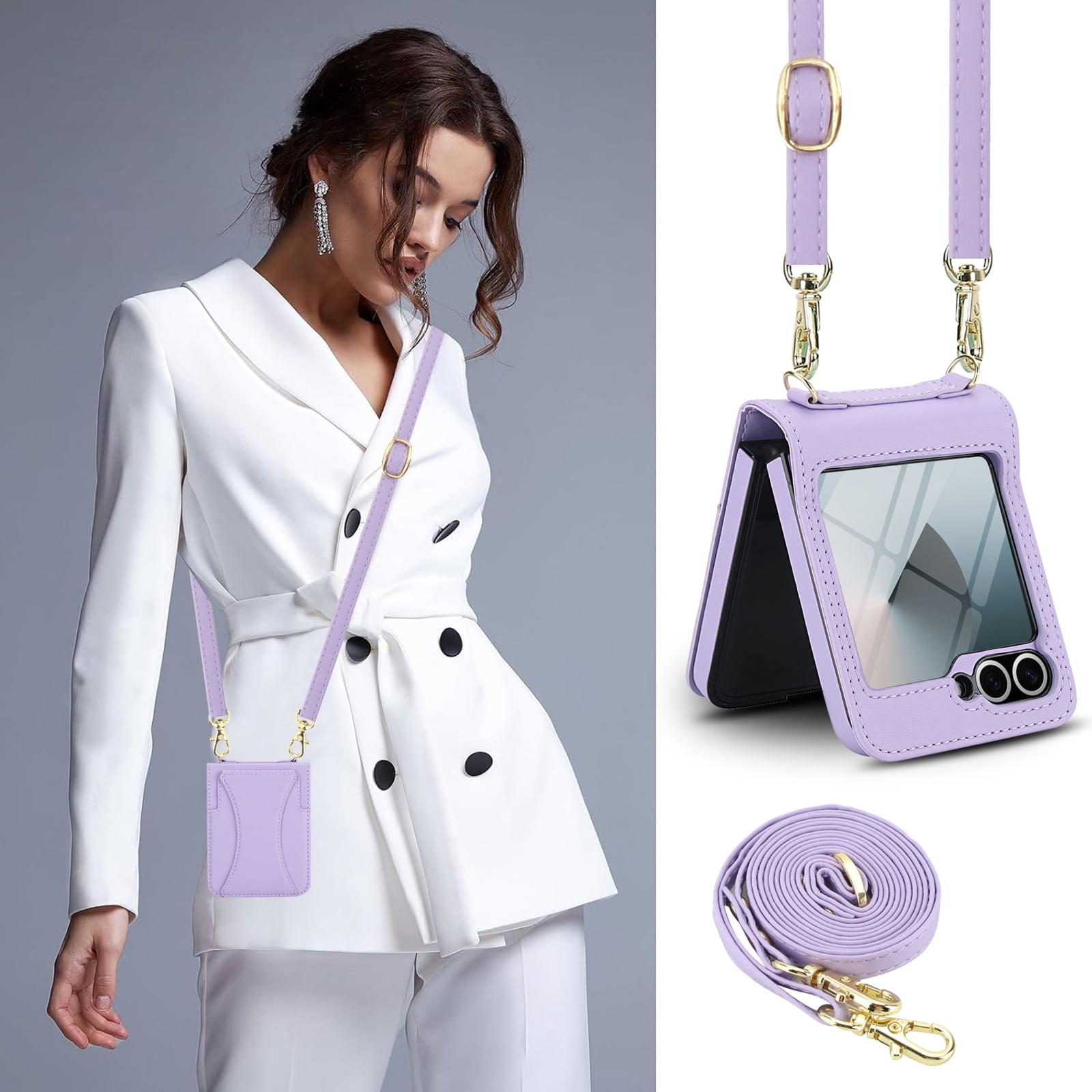 Crossbody For Samsung Galaxy Z Flip 7 Wallet Case with Hidden Kickstand, Credit Card Holder for Samsung Galaxy Z Flip 7 Case Built-in Screen Protector, Shoulder Strap & Lanyard Phone Case,Purple
