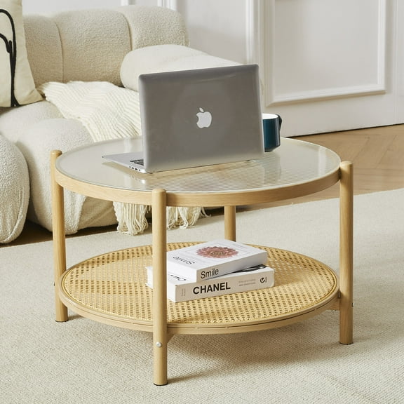 COSVALVE 2 Tier 27.5" Boho Rattan Round Glass Coffee Table