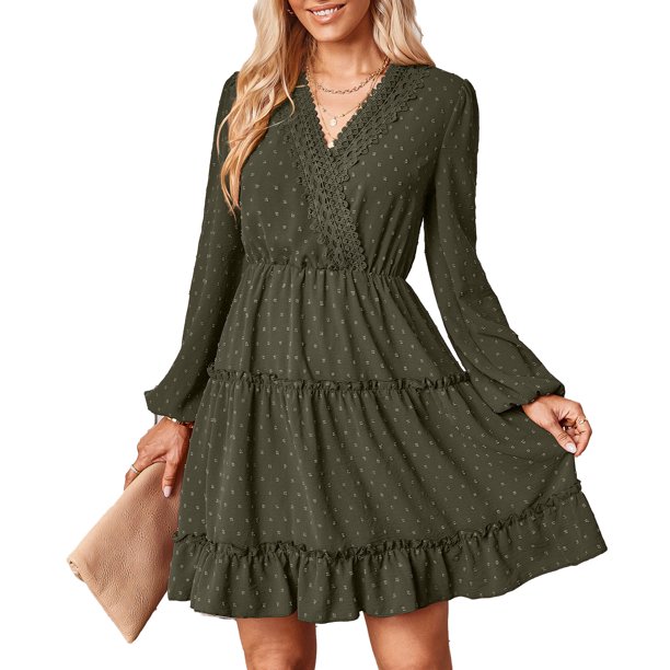 Vestido midi fluido para mujer agradable a la piel cuello en V manga larga vestido de columpio suave y cómodo para el club ANGGREK Otros