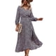 thumbnail image 1 of Vestido largo fluido de manga larga con cuello en V y estampado de flores con volantes y cintura con lazo en niveles para mujer Negro L, 1 of 6