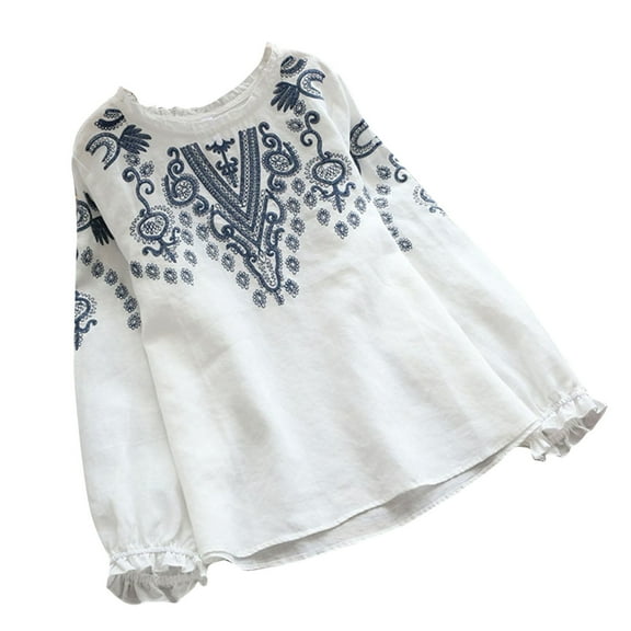 WREESH Womens Vintage Ethnic Style Blouses Fashion Cotton Linen Embroidery Round Neck Button Long Sleeve Shirt Tops White