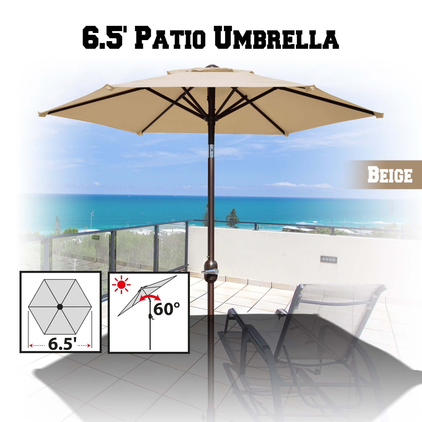 Sunrise 6 5 Patio Umbrella Garden Parasol Market Sunshade With Tilt And Crank Beige Walmart Com Walmart Com