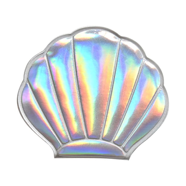 EeaseMX Espejo plegable de doble cara con forma de concha, de piel sintética, portátil, holográfico, para niñas y mujeres (plateado)