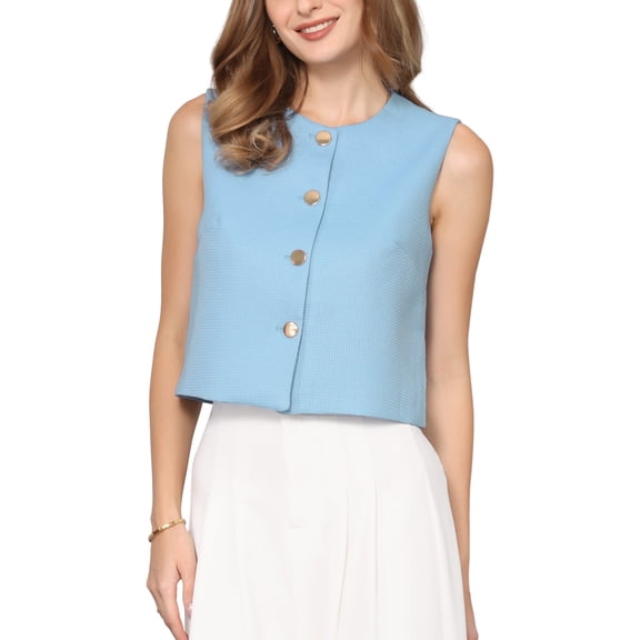 INSPIRE CHIC Women's Tweed Vest Sleeveless Button Down Business Casual Waistcoat S Light Blue