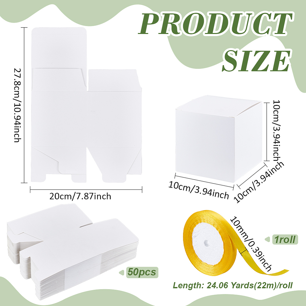 1set 1Roll Single Face Satin Ribbon Polyester Ribbon for Gift Wrapping with 50pcs Cardboard Paper Packaging boxes golden 3/8 inch(10mm) about 24.06 Yards(22m)/set