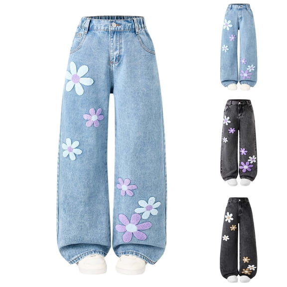 Babcutegg Girls' High-Waisted Flared Denim Pants Solid Color Slim-Fit Stretch Cotton Jeans with Elastic Waist and Full-Length Straight-Leg Design Black Size 11-12