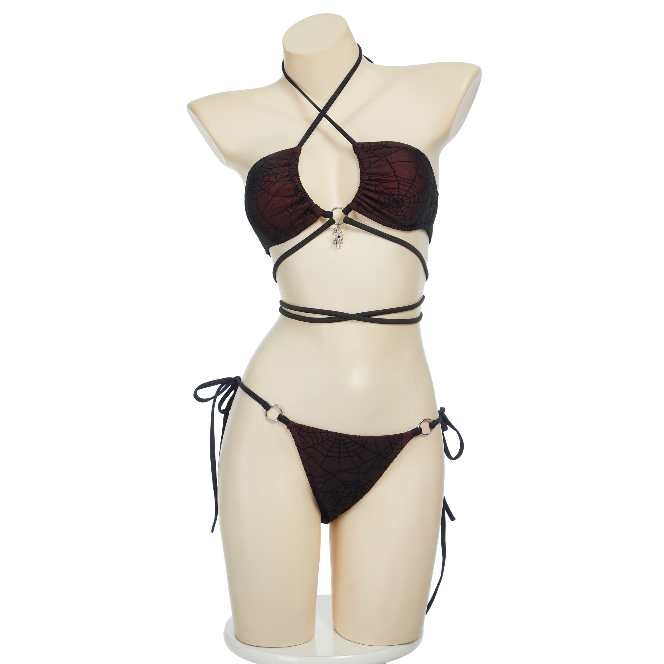 Goth Bikini Sets for Women Spider Web Pattern Swimsuit Two Piece Bathing Suit, Dark Red, M - image 5