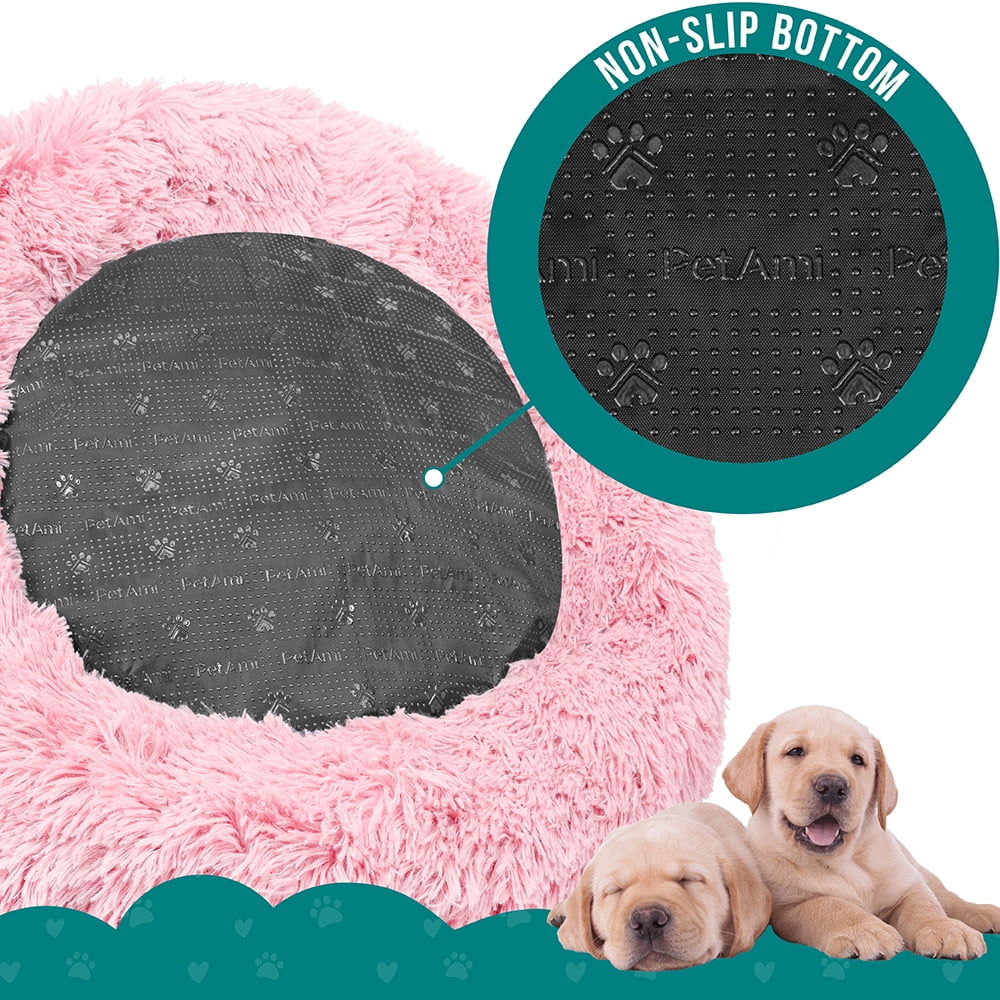 PetAmi Calming Dog Bed for Small & Medium Dogs and Cats, 23 Round Donut Dog Bed, Washable Fluffy Faux Fur Puppy & Cat Bed, Anti-Anxiety Plush Cuddler Pet Bed with Anti-Slip Bottom - Pink