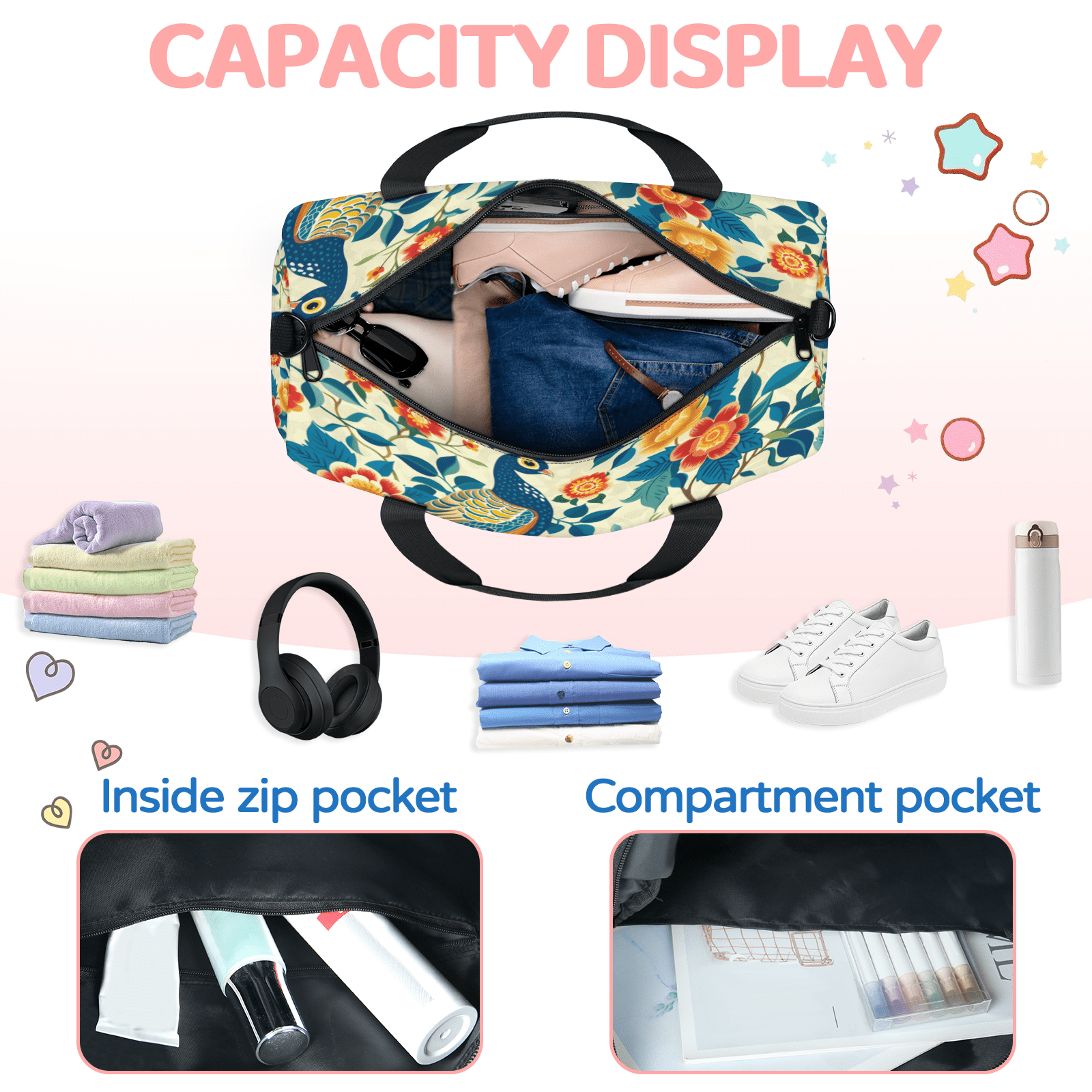 Herdesigns Peacock Travel Duffle Bag Sports Yoga Weekender Overnight Carry on Workout Bags Lightweight Waterproof Gym Tote Bag for Women Peacock Flower