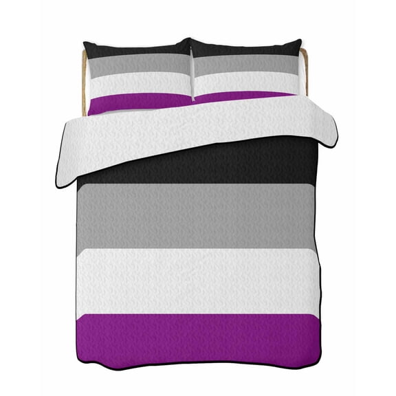 Quilts Queen Size Bedding Set, Modern Striped Lightweight Quilted Comforter, Minimalist Geometric Black Purple Soft Reversible Bedspread Coverlet with Pillow Covers for All Season, 90" x 96"