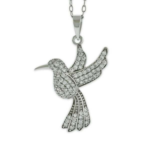 Silver Hummingbird Necklace with Cubic Zirconia Stones - 925 Sterling Silver -  Bird Pendant - Adjustable Silver Necklace 16”-18” Included!