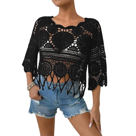 Sewkxo Women's Plain Fringe Trim Cut Out Sheer Cover Up Boho Scallop Trim 3/4 Sleeve Crew Neck Crochet Beach Coverup Tops,Black L