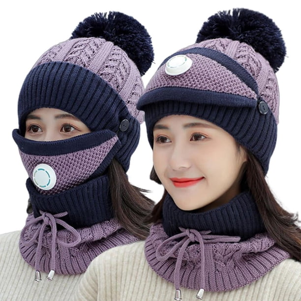 Gorro De Punto 3 En 1 Para Invierno, Conjunto De Bufanda Con Cubierta Para La Cara, Transpirable, A Prueba De Viento, Cálido, Forro Polar, Gorro Con Pompón Para Mujeres, Niñas, Ciclismo, Esquí Speravity AP008077-08