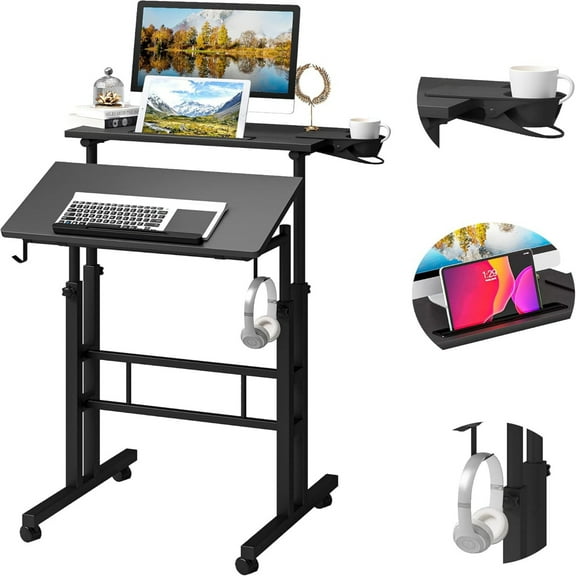Standing Desk Height Adjustable with 2 Splice Board,Cup Holder,for Home Office, Black