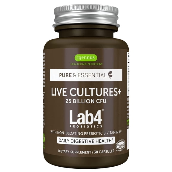 Igennus Probiotics & Prebiotic 2 in 1, Lactobacillus Acidophilus & Bifidobacterium, Gut Health Support, Live Cultures  Lab4, Guaranteed 25 Billion CFU, Women & Men, Non-Bloating, Non-GMO, 30 Capsules