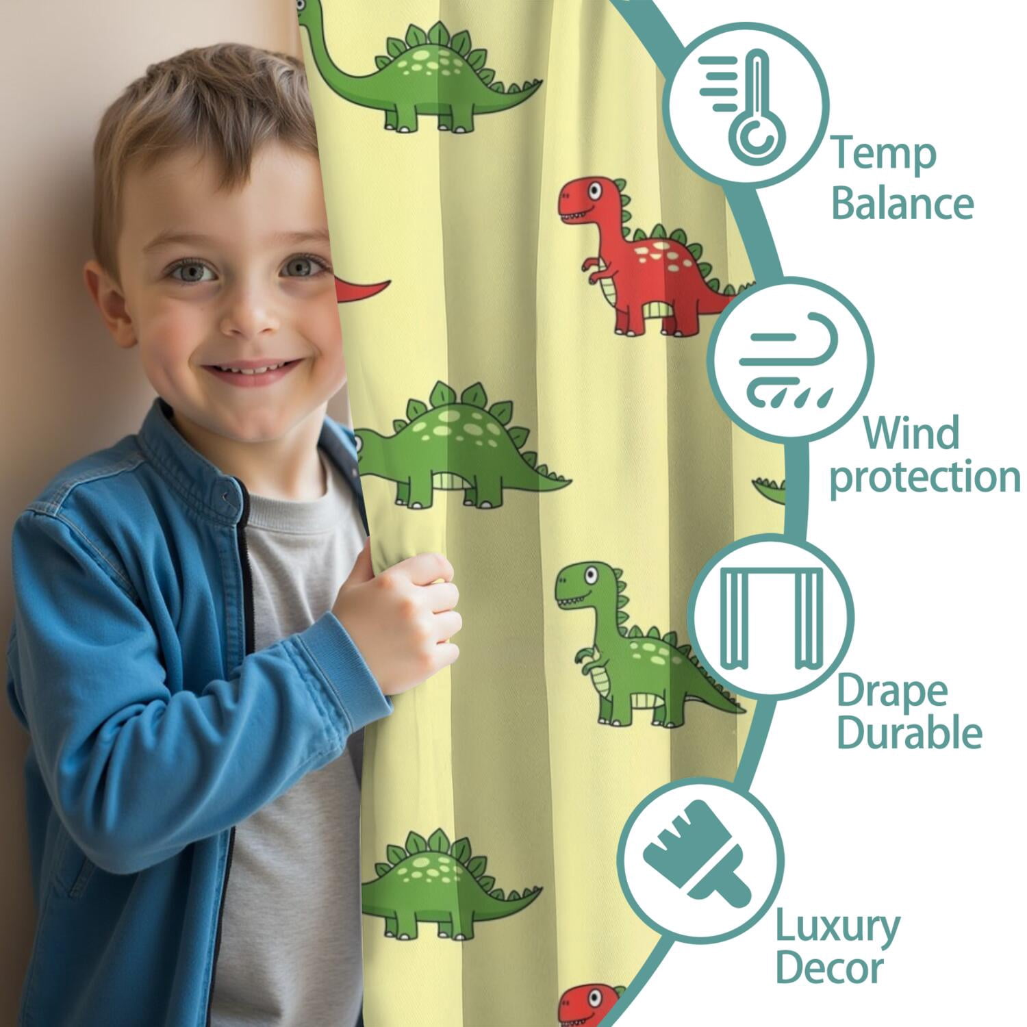 Blackout Kids Curtains,Yellow Cartoon Dinosaurs Pattern Childrens Insulated Curtains Set Of 2,Bedroom Essentials,Toddler Room Decor 42"x84"
