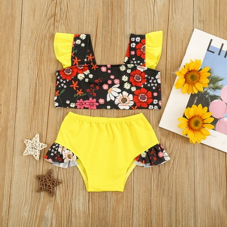 

CHGBMOK Summer Toddler Swimsuit Kid Baby Girl Strap Ruched Floral Swimwear+Swimming Trunks Two-Piece Set