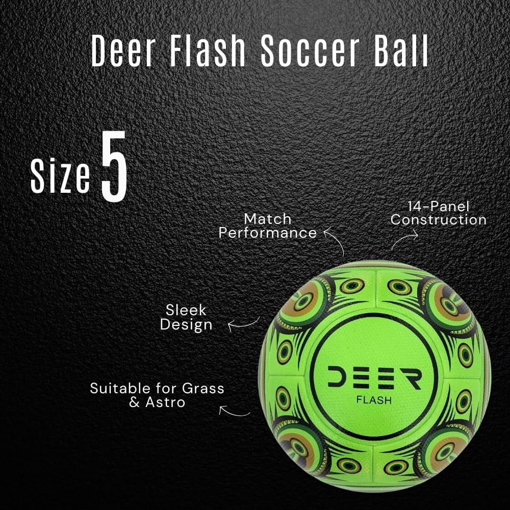 Deer Flash Soccer Ball – for Club, Training, Match Performance,Indoor & Outdoor Soccer,Suitable for Grass & Astro | 14 Panel, Fabric Wrapped Rubber Bladder | Size 5 for Youth & Adult Soccer Players |