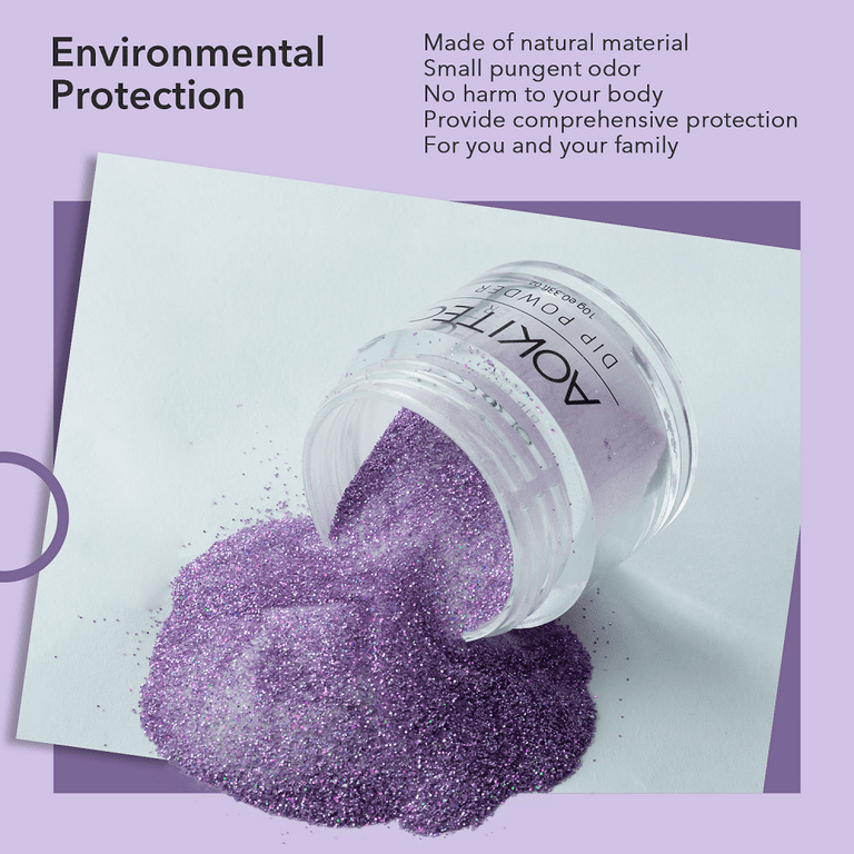 Aokitec Dip Powder Glitter Purple Color, Nail Dipping Powder French Po