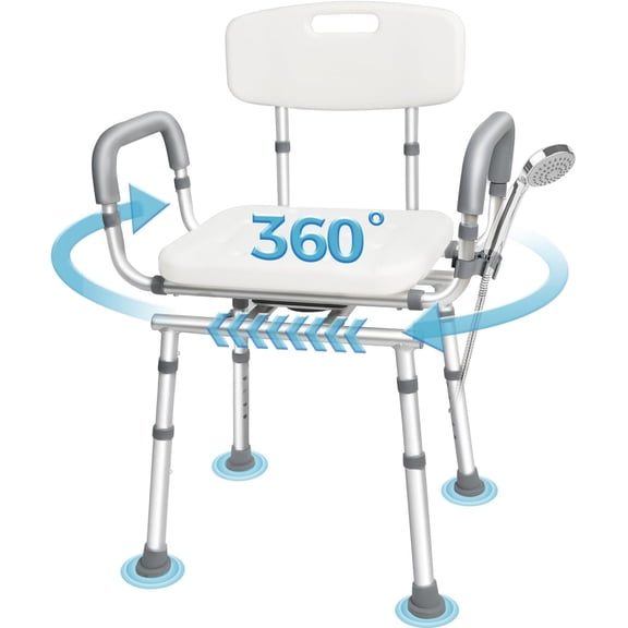 Agrish Swivel Shower Chair with Arms & Back, 450lbs Heavy Duty for Elderly, Disabled - Bath Tub Seat & Stool for Adults