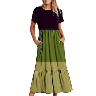 Qertyioot Robe d'Été Décontractée à Manches Courtes pour Femmes, Robe de Plage Maxi Fluide à Étages avec Poches et Imprimé Coloré